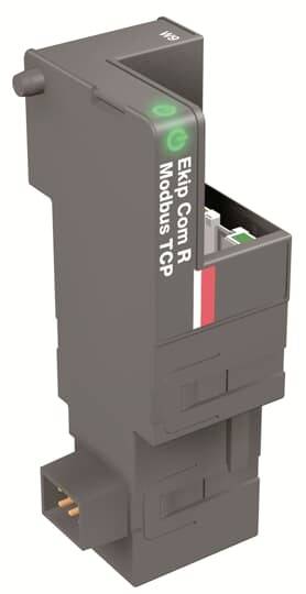 Modulo nero con scritta 'Ekip Com R Modbus TCP', indicatore LED in alto, connettore sul lato.