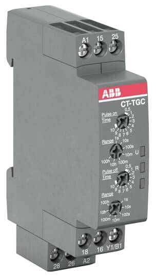 Relè temporizzatore 'ABB CT-TGC' con diversi selettori rotanti per l'impostazione di intervalli di tempo. Gli ingressi e le uscite sono etichettati.
