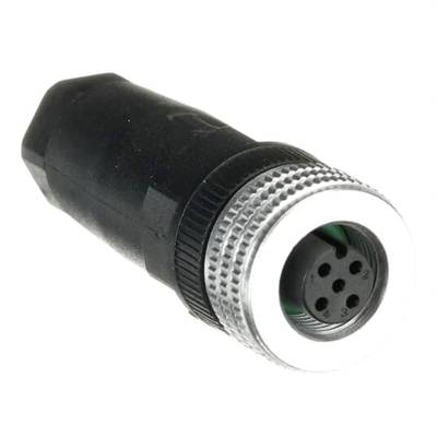 Connettore cilindrico nero con bordo argentato e multiple porte di connessione, utilizzato per dispositivi elettronici e networked.