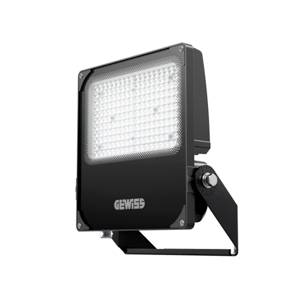 Un proiettore LED da esterno con involucro nero e design rettangolare, adatto per l'illuminazione esterna, con un logo aziendale distintivo.