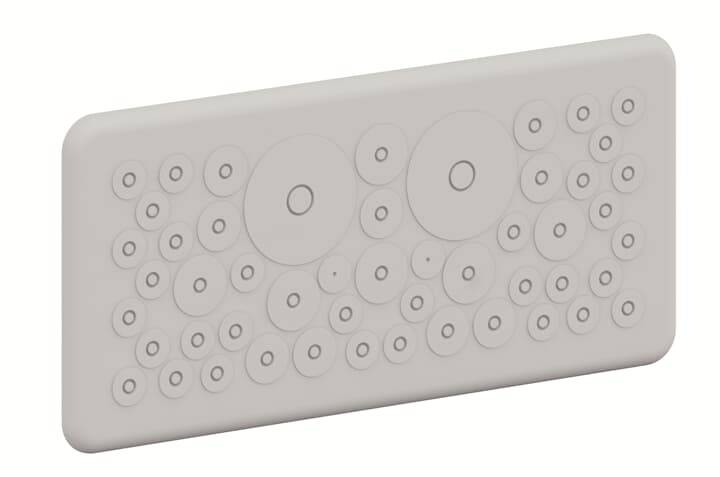 Lastra rettangolare con diversi cerchi in rilievo di dimensioni variabili. Elemento di design o decorazione.