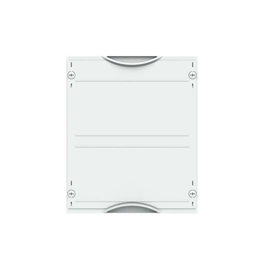 Copertura bianca, rettangolare di un quadro elettrico con quattro viti agli angoli e maniglie superiori e inferiori.