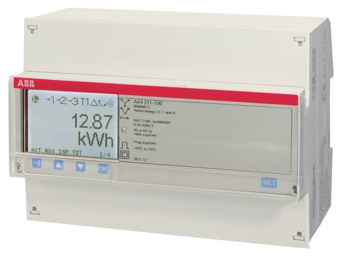 Un display digitale del contatore elettrico mostra '12,87 kWh'. In basso a sinistra sono presenti tasti con simboli per la navigazione.
