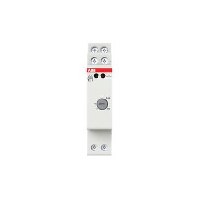 Un dispositivo elettronico di ABB con un regolatore di luce (lux) sul lato frontale, montato su una guida DIN, per il controllo dell'illuminazione.