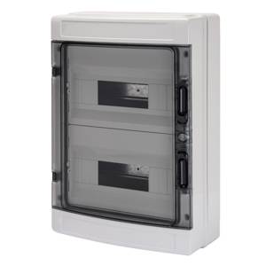 Quadro elettrico con porta grigia e trasparente. Adatto per uso interno; offre protezione e organizzazione dei circuiti elettrici.