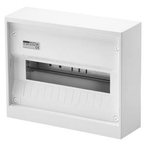 Scatola portafusibili bianca per montaggio a parete con coperchio frontale aperto. Spazio per l'installazione di più interruttori automatici.