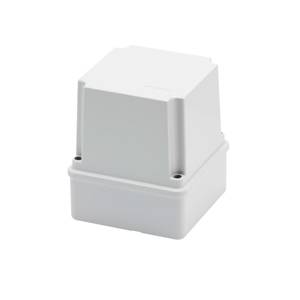 Un involucro rettangolare bianco in plastica con angoli arrotondati e un coperchio removibile, adatto per il montaggio di componenti elettronici.