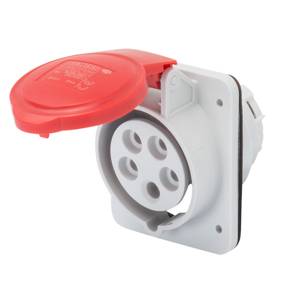 Modulo presa elettrica bianco con cappuccio di protezione rosso, idoneo per applicazioni industriali o connessioni di ricarica.