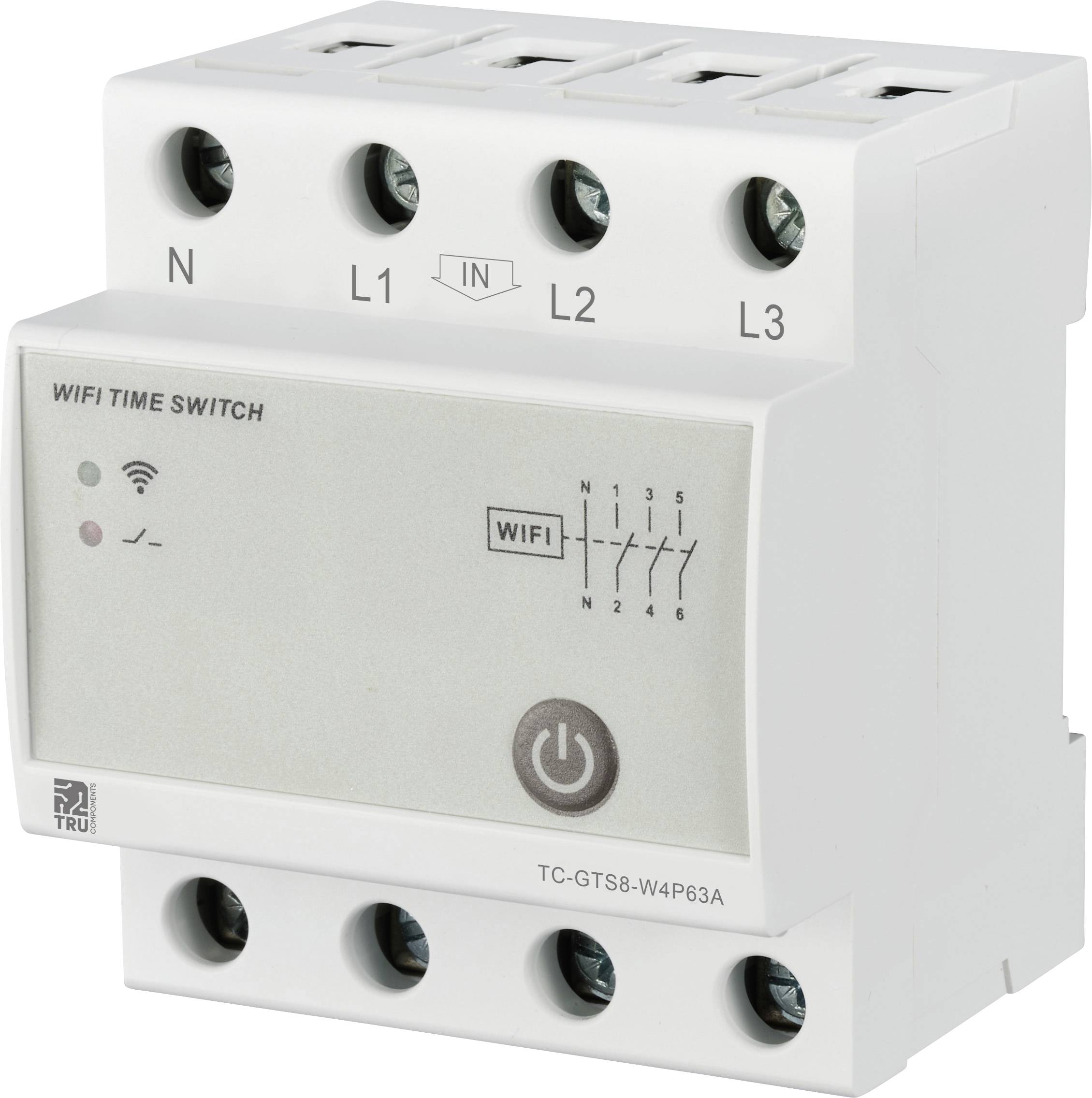 Dispositivo 'WIFI Time Switch' con multiple porte, che mostra connessione wireless e pulsante di accensione; per il controllo di dispositivi elettrici.