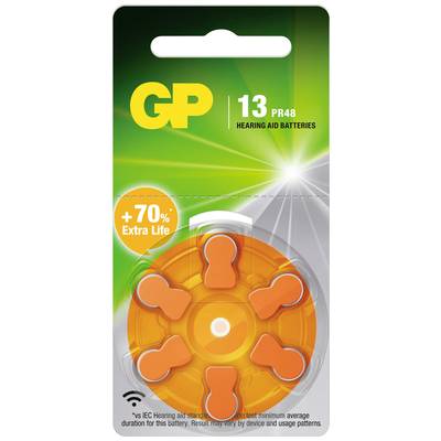 Confezione di 'GP 13 PR48 Batterie per Apparecchi Acustici' con 6 batterie arancioni. Testo: '+70% Durata Extra'. Design verde e arancione.