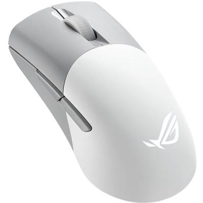 Mouse da gaming wireless bianca e grigia con logo illuminato sulla superficie. Design ergonomico con rotella di scorrimento e due pulsanti.