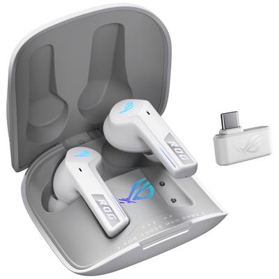 Cuffie da gaming wireless bianche con custodia di ricarica apribile. È presente anche un dongle USB-C. Il logo ROG si illumina di blu.