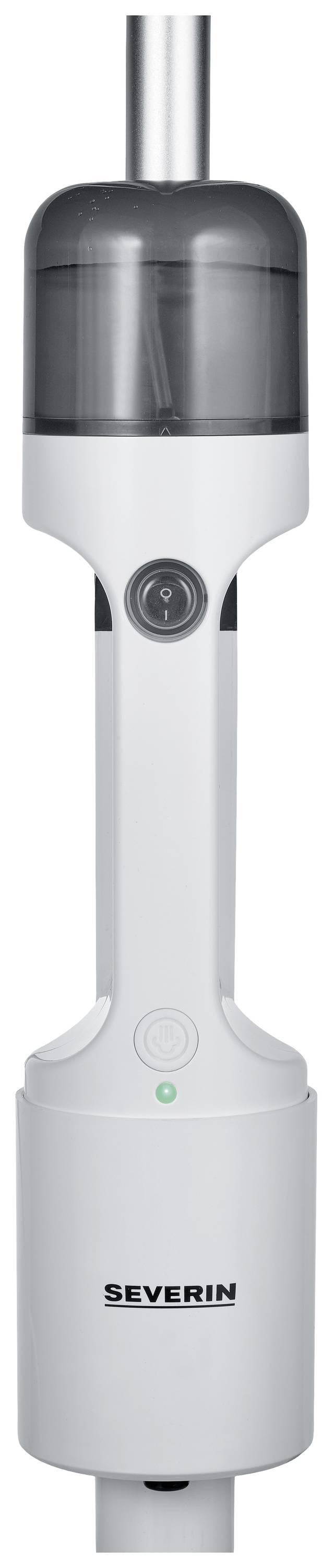 Aspirapolvere a batteria Severin dal design sottile, bianco e con un contenitore trasparente in alto.