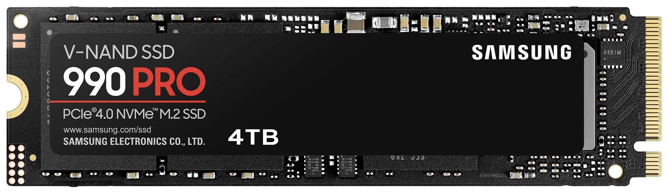 SSD Samsung V-NAND 990 PRO nero da 4 TB per interfaccia PCIe 4.0 NVMe M.2, in posizione orizzontale.