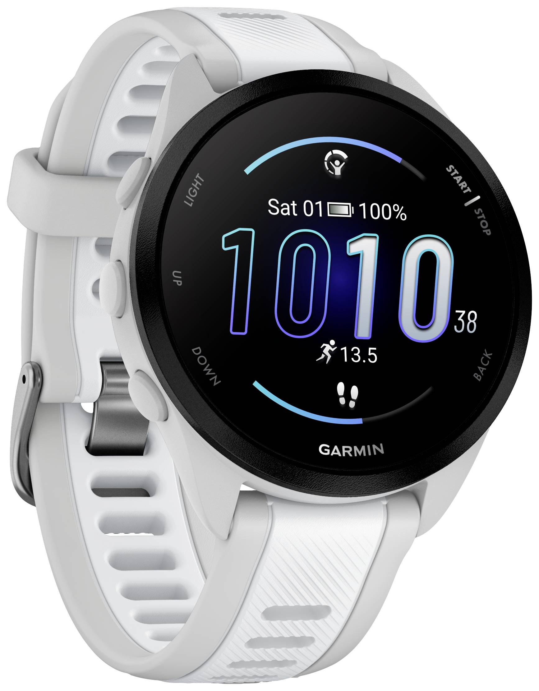 Un smartwatch con display rotondo mostra la data 'Sabato, 01' e l'ora grande '10:10'. Lo stato di carica è al 100%.
