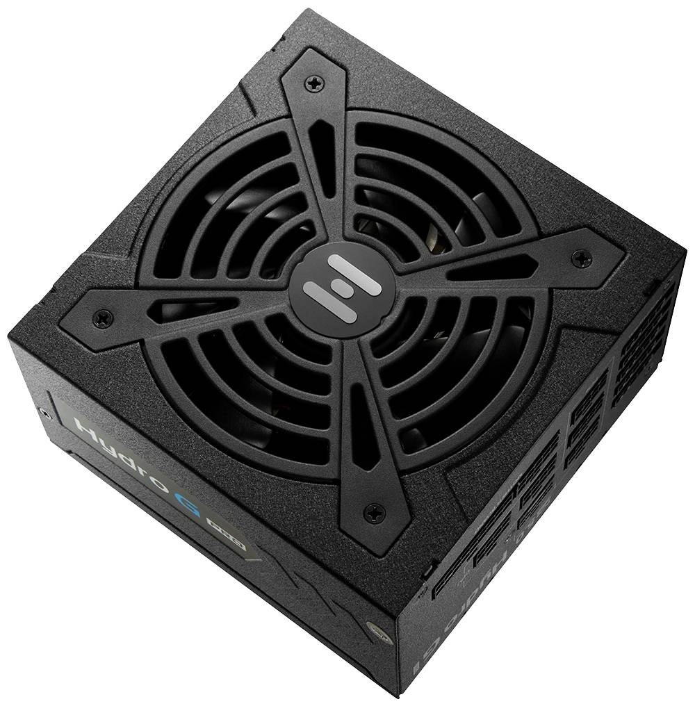 Un alimentatore nero per computer con fessure di ventilazione e connettori per cavi. È montato in un involucro rettangolare.