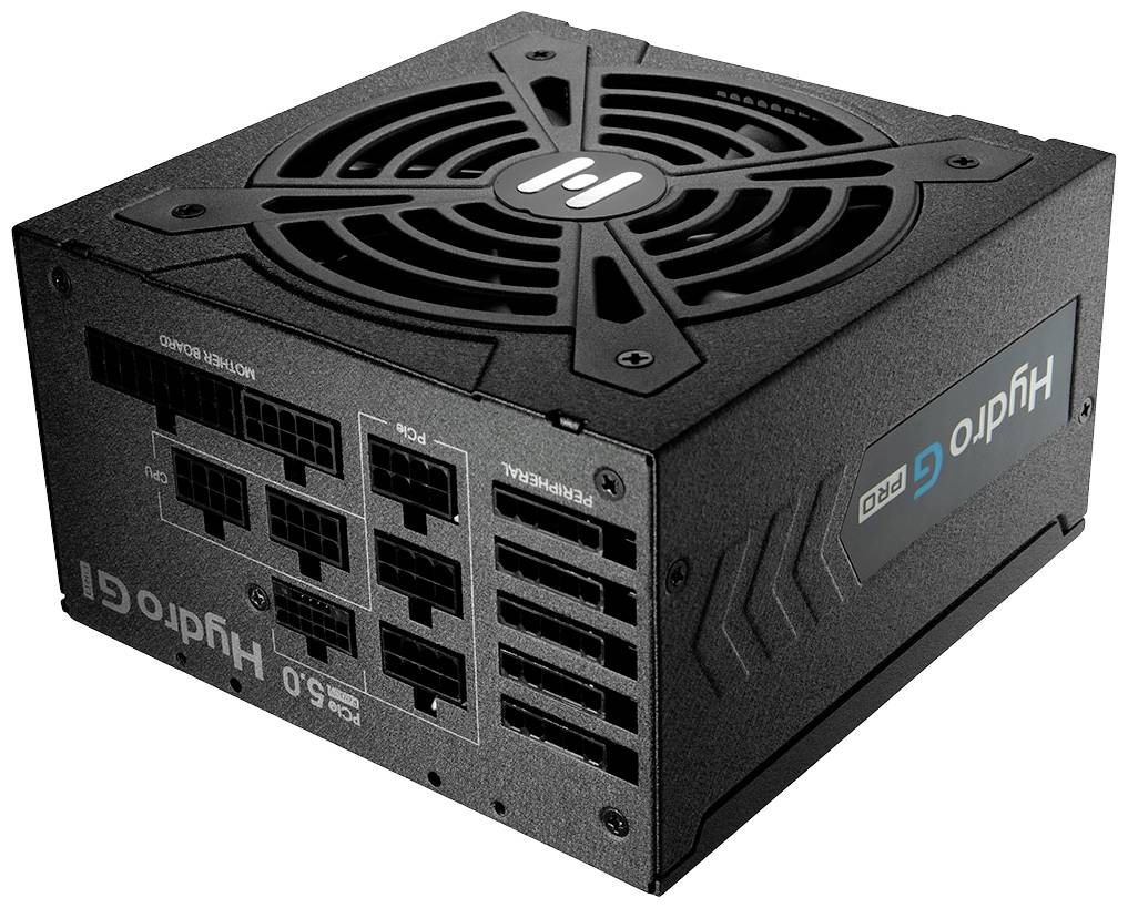 Alimentatore nero con ventola sulla parte superiore, varie porte di connessione e la scritta 'Hydro G Pro' sul lato.