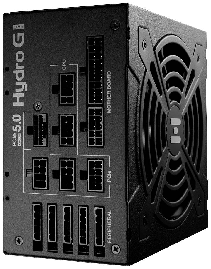 Alimentatore PC nero con molteplici possibilità di connessione, tra cui CPU, scheda madre, PCIe e periferiche, nonché un grande ventilatore.