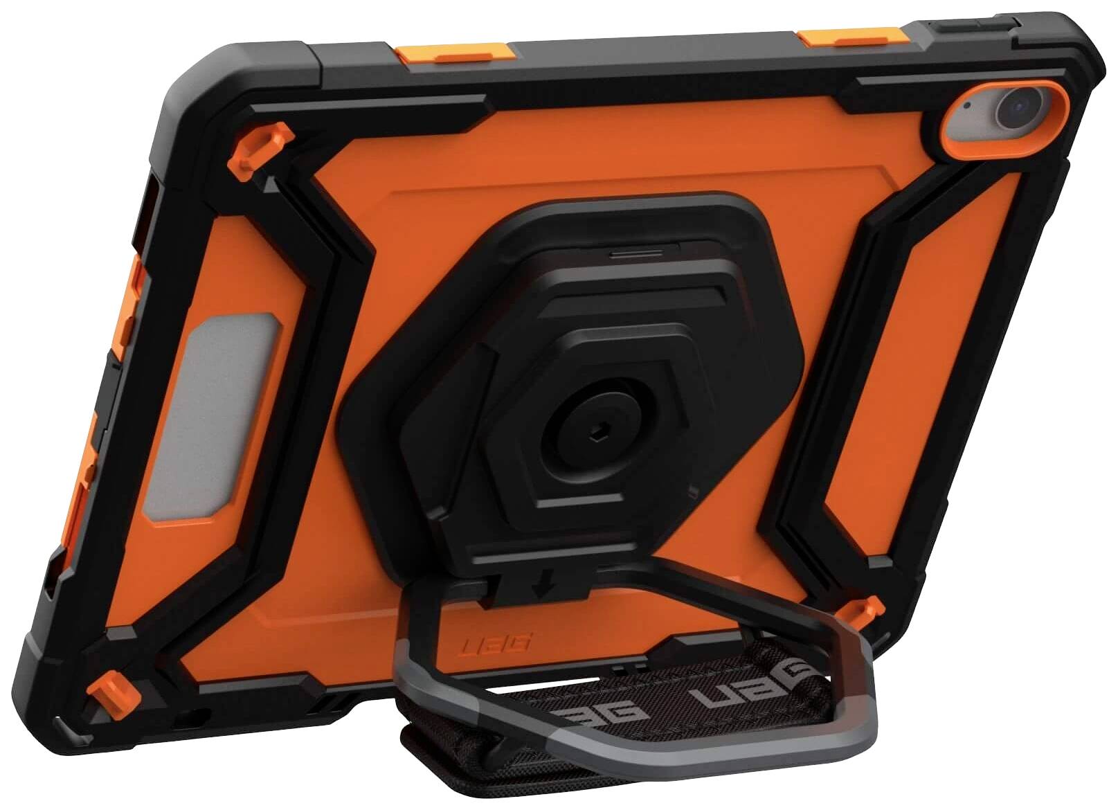 Un tablet in un robusto custodia arancione e nera con supporto integrato, visto di lato. Ideale per l'utilizzo all'aperto.