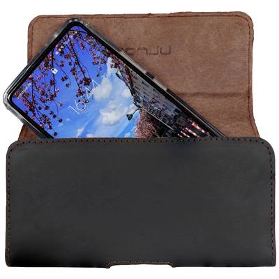 Smartphone in custodia nera e marrone, lo schermo mostra un cielo blu con fiori di ciliegio.