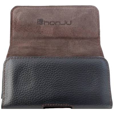 Custodia in pelle nera e marrone, aperta, che mostra il logo Honju all'interno. Ideale per riporre il cellulare.