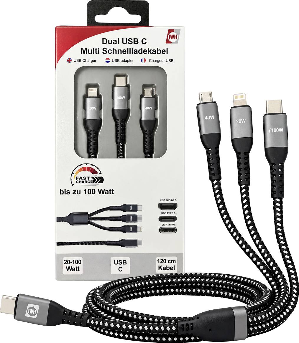IWH Cavo di ricarica USB USB-C®, Presa USB Micro-A, Connettore Apple Lightning 1.20 m 019057