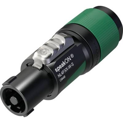 Un connettore audio speakON nero e verde con numero di modello NL4FX-W-S, adatto per collegare altoparlanti ad amplificatori.