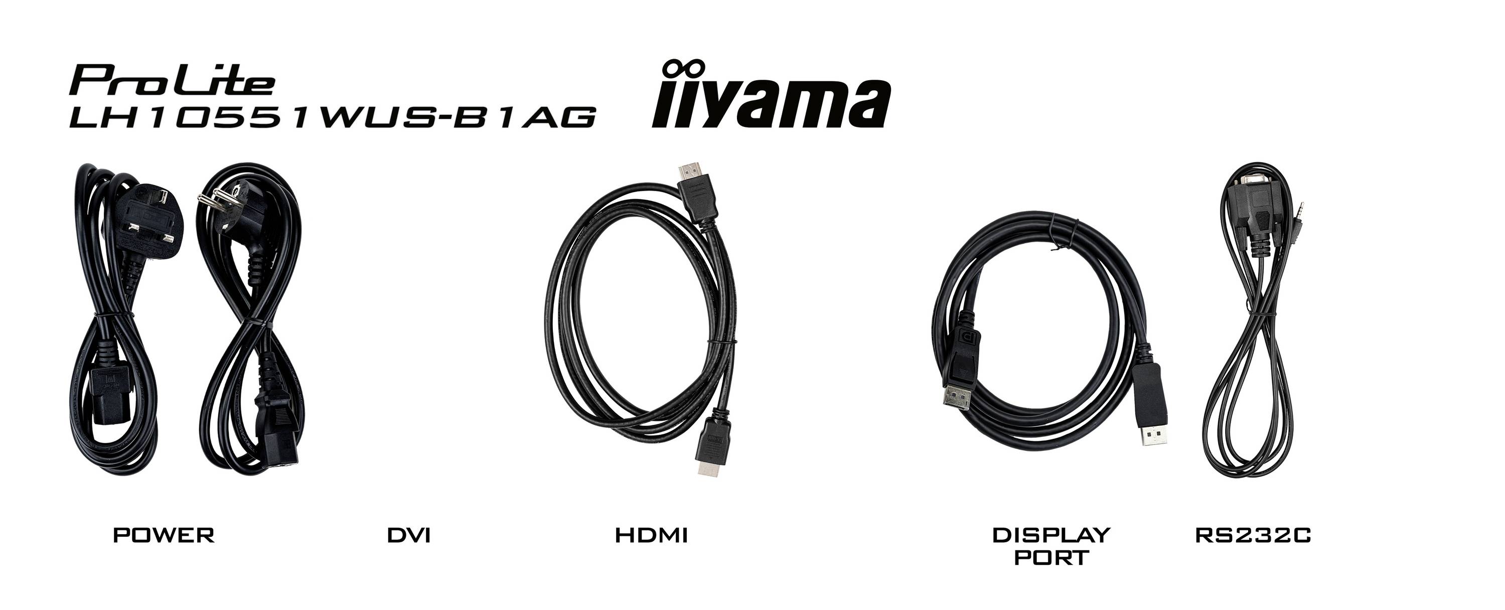 'ProLite LH10551WUS-B1AG' Accessori: cavo di alimentazione, cavo DVI, cavo HDMI, cavo DisplayPort e cavo RS232C.