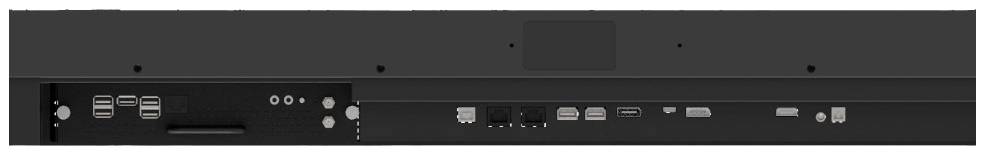 Retro di un dispositivo tecnico con varie porte di connessione, compresi porte USB e HDMI, per connessioni elettroniche.