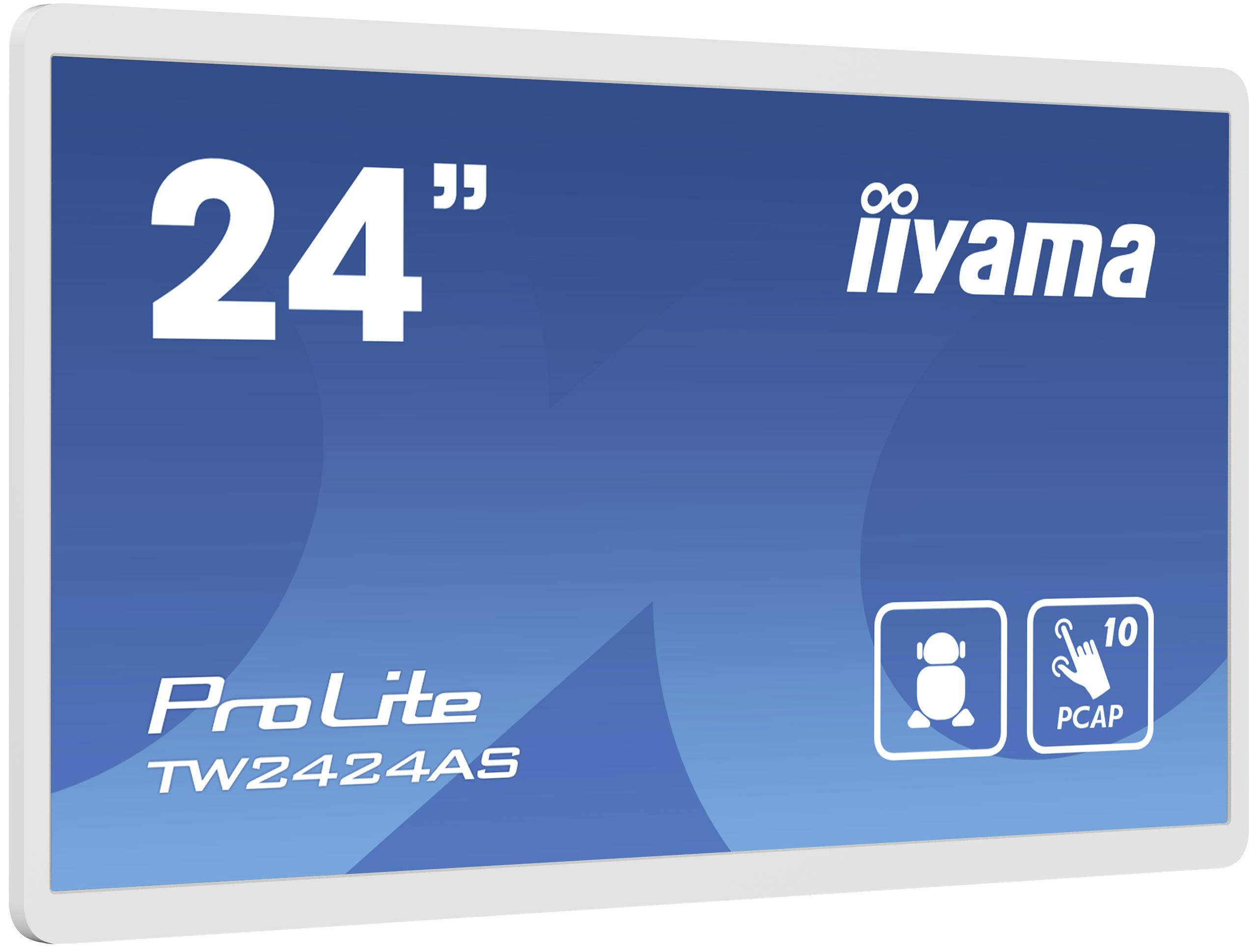 Monitor touchscreen da 24 pollici, marca Iiyama, modello ProLite TW2424AS, design con tonalità blu, dotato di tecnologia touch PCAP e icona touch.