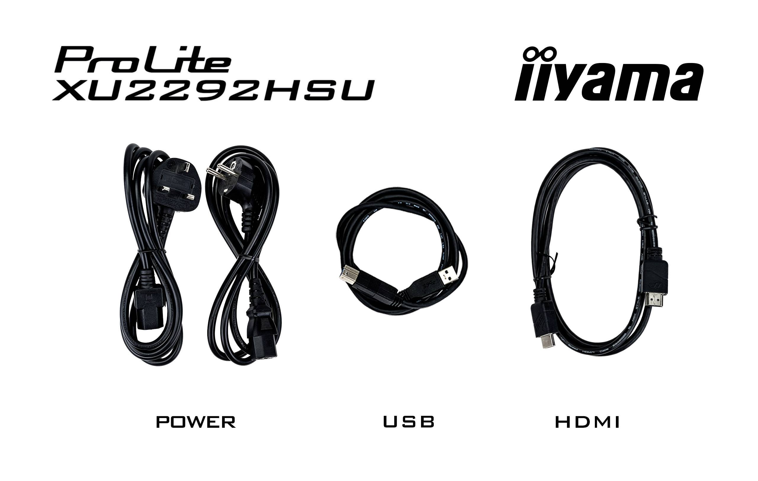 'Tre cavi per il monitor iiyama ProLite XU2292HSU: cavo di alimentazione a sinistra, cavo USB al centro, cavo HDMI a destra.'