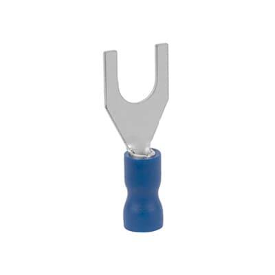 Capocorda a forcella con isolamento blu, idoneo per connessioni elettriche, che mostra la forcella aperta per il collegamento con viti.