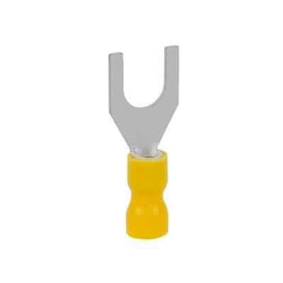 Un terminale a forcella singolo isolato con impugnatura in plastica gialla, idoneo per il collegamento di cavi elettrici.