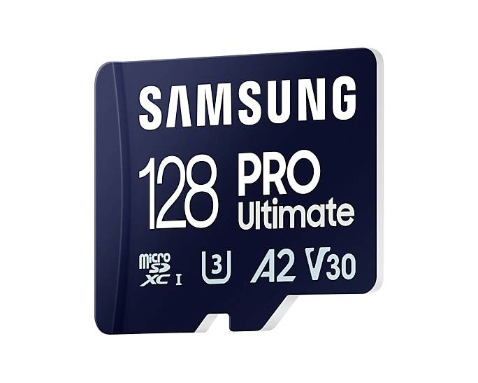 Una scheda microSD nera di Samsung con la scritta '128 PRO Ultimate', 'microSD XC I', 'A2', 'V30'.