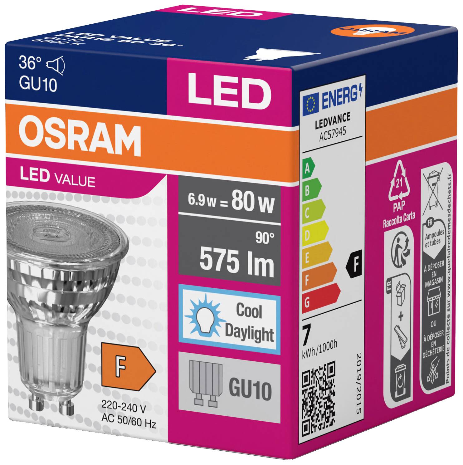 Confezione di lampadina LED Osram, Classe energetica F, Consumo energetico 7 kWh/1000h, 36° GU10, 6,9W = 80W, 575 Lumen, 'Luce diurna fredda'.