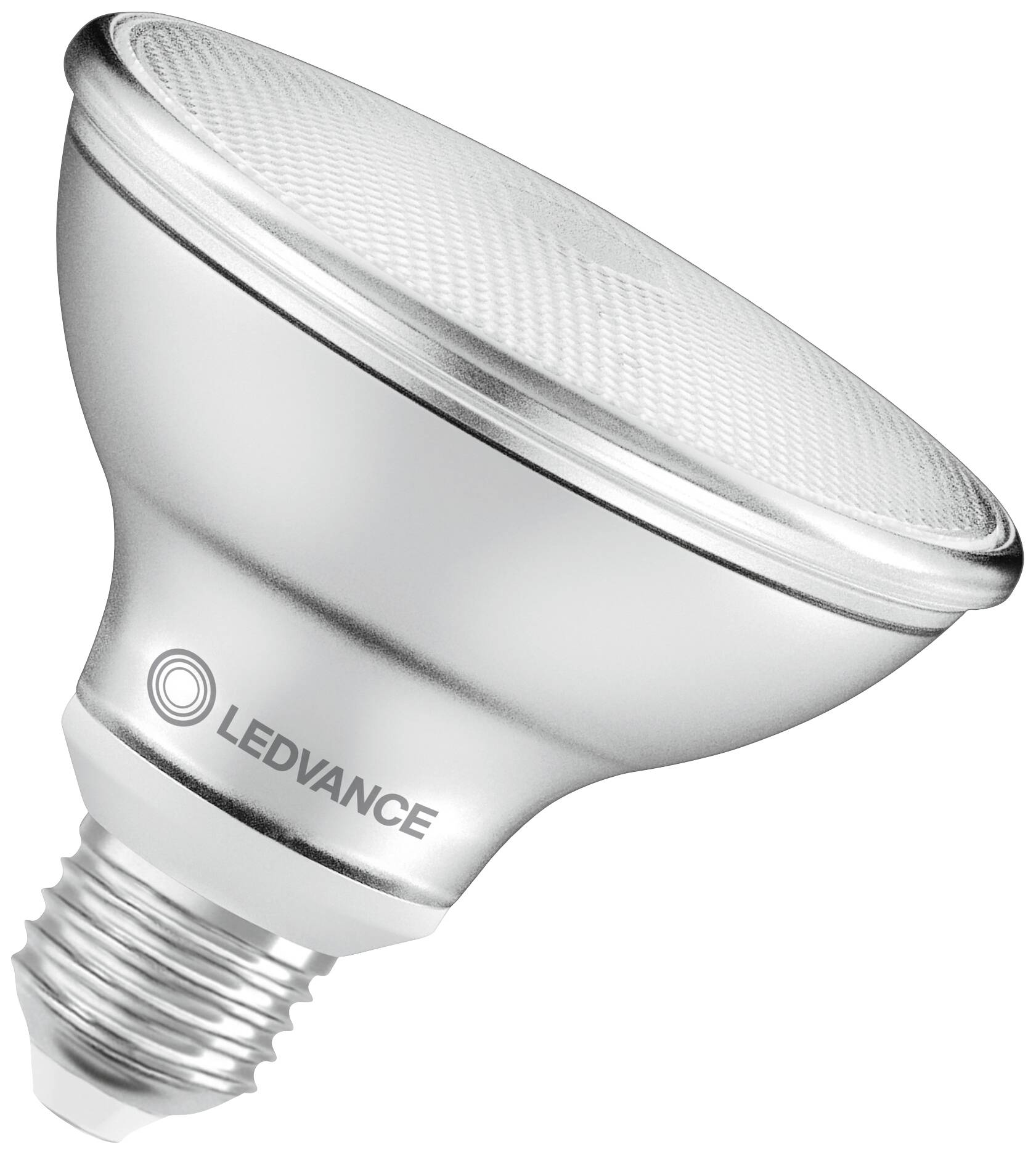 Una lampada a LED di colore argento con la scritta 'LEDVANCE', mostra un attacco a vite e una superficie strutturata.