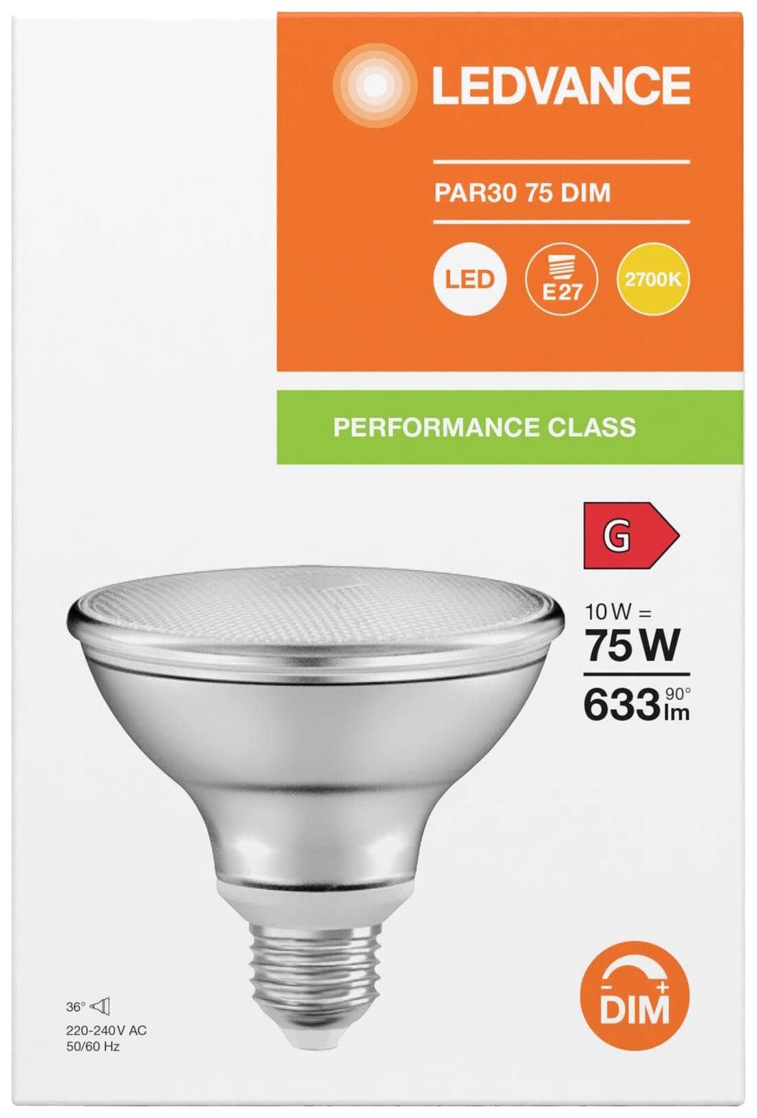 Confezione di una lampada LED LEDVANCE. Modello PAR30 75 DIM, illuminazione a 2700K, 75W, classe energetica G, attacco E27.
