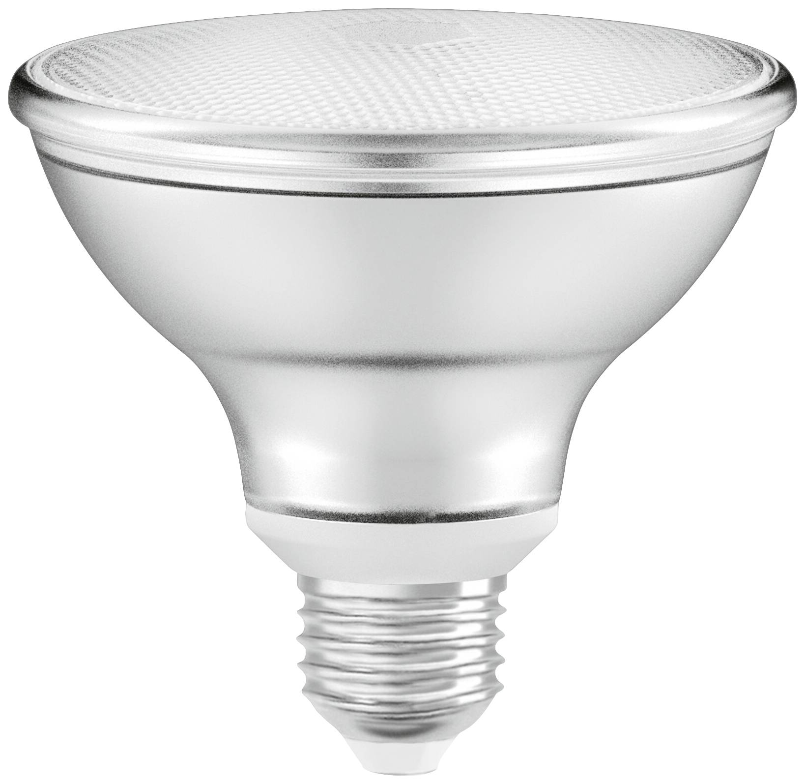 Lampadina LED argento con attacco E27 in formato PAR38, adatta per un'illuminazione efficiente dal punto di vista energetico per interni ed esterni.