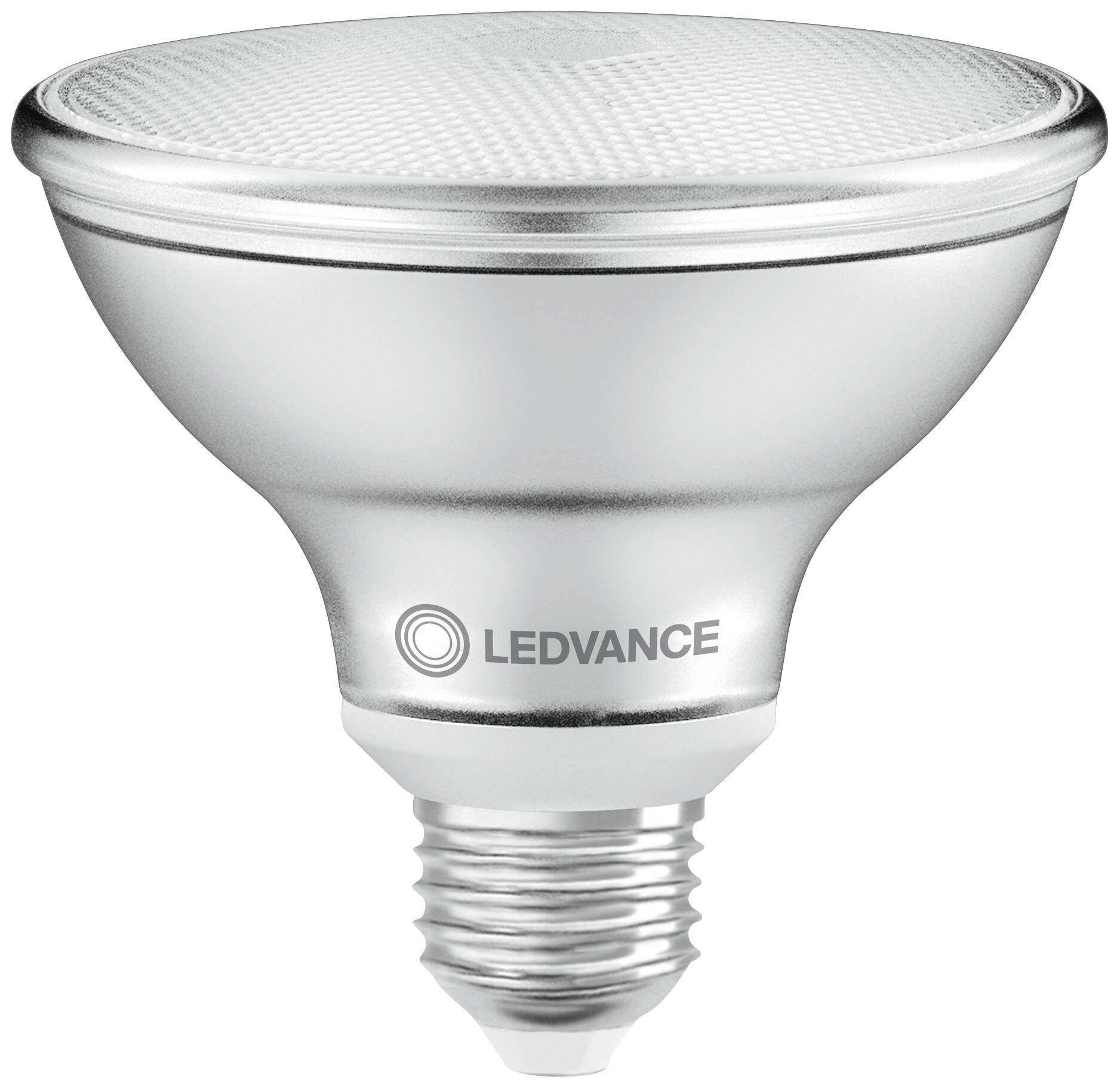 Un proiettore LED argentato con superficie liscia e logo LEDVANCE. Adatto per un'illuminazione efficiente.