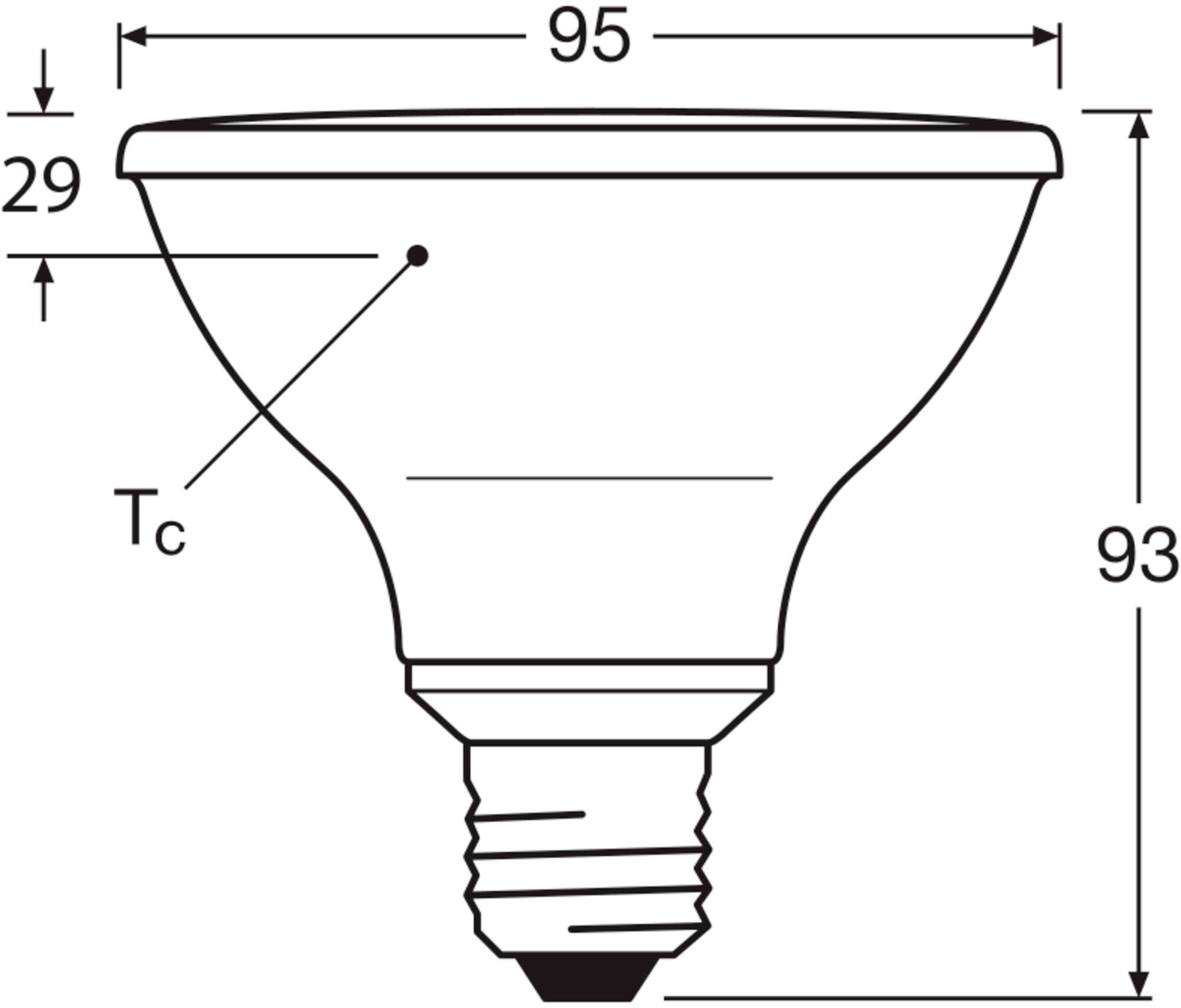 Diagramma di una lampadina con misure: diametro 95 mm, altezza 93 mm, punto 'Tc' a 29 mm dal bordo superiore.
