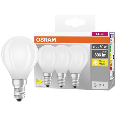 Quattro lampadine LED OSRAM, ciascuna da 5,5 W con 806 lm, sostituto per 60 W. Classe energetica D, luce bianca calda, attacco E14. Confezione illustrata.