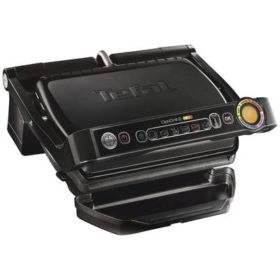Un grill a contatto nero con diversi tasti di controllo sul davanti e un display rotondo della temperatura. Contrassegnato con 'Tefal'.