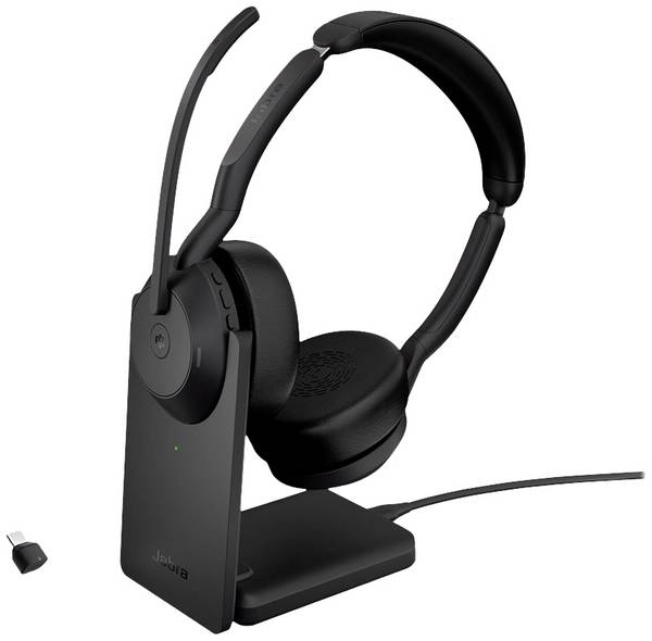 Jabra Evolve 2 55 MS Stereo  Cuffie On Ear Bluetooth Stereo Nero Eliminazione del rumore, Riduzione del rumore del microfono incl. docking station di ricarica Computer
