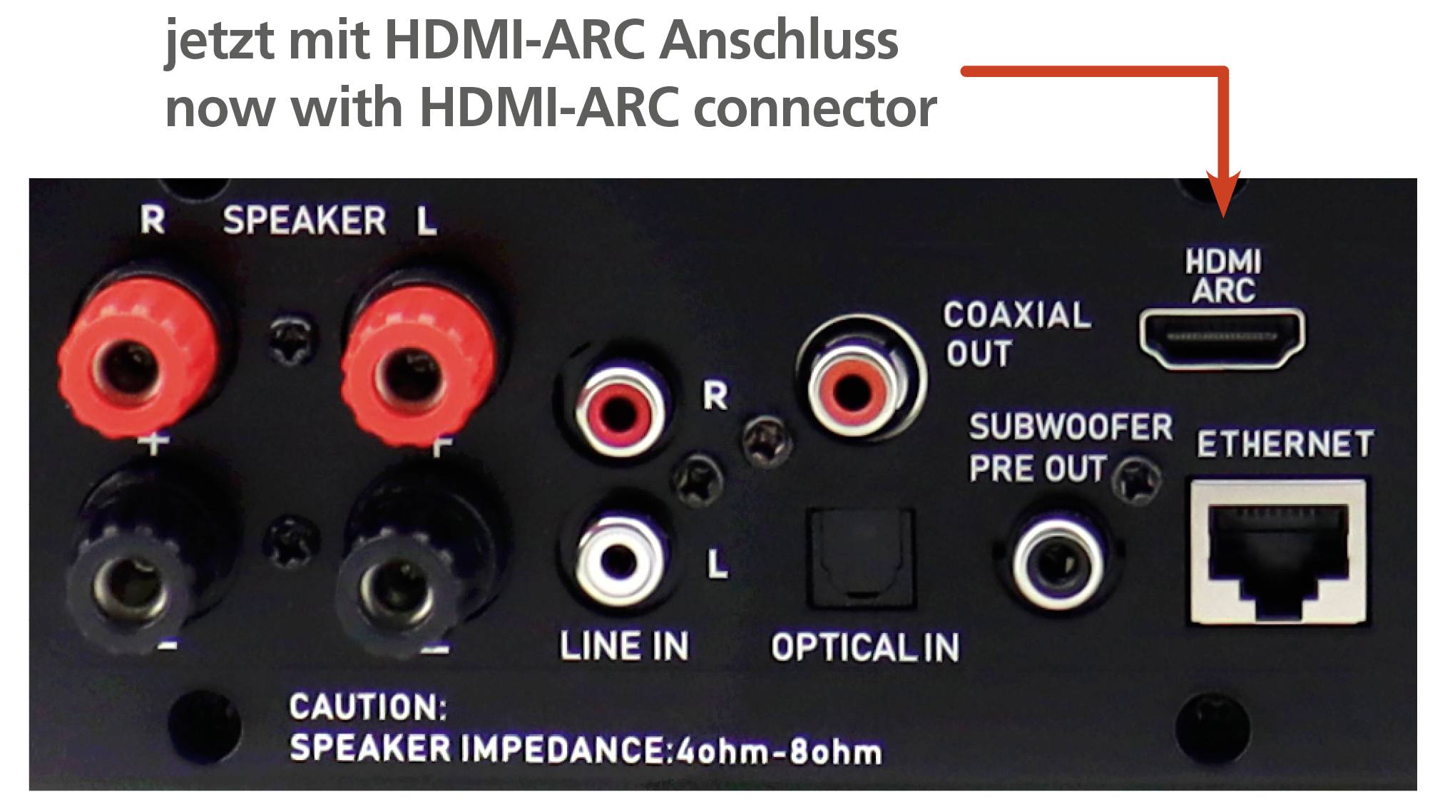 Pannello posteriore di un dispositivo audio che mostra il connettore HDMI-ARC e varie porte incluse speaker, coassiale, ingresso linea, ottico ed Ethernet.