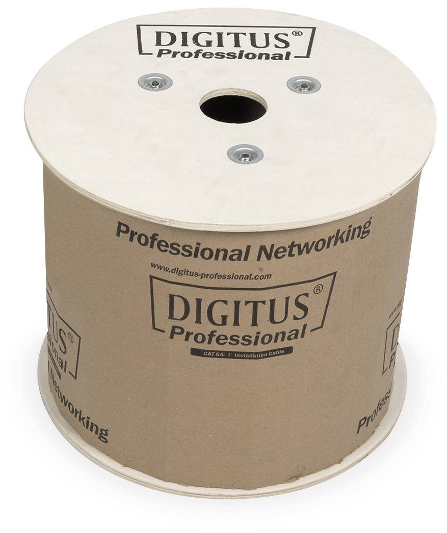Una grande bobina di cavi con la scritta 'DIGITUS Professional' e 'Professional Networking', realizzata in legno e cartone.