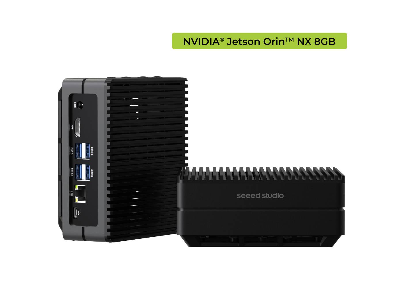 Due involucri per computer compatti e neri di seeed studio. In alto è scritto 'NVIDIA® Jetson Orin™ NX 8GB'.