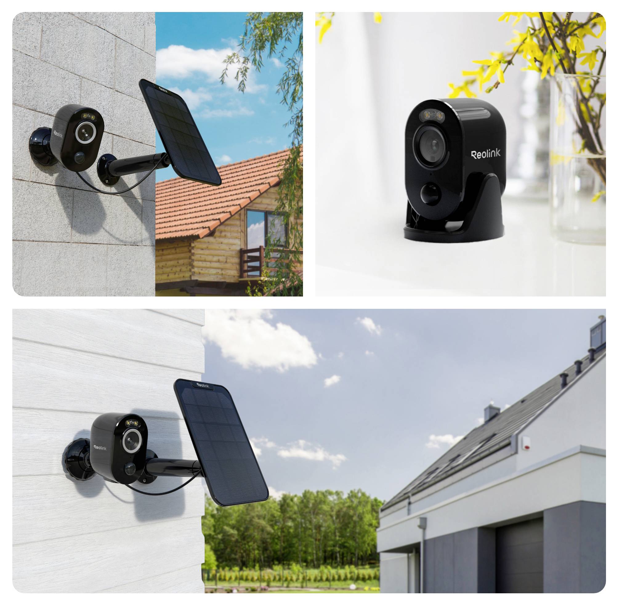 Telecamere di sicurezza esterne installate su diversi edifici; due con pannelli solari, una all'interno vicino a fiori gialli.