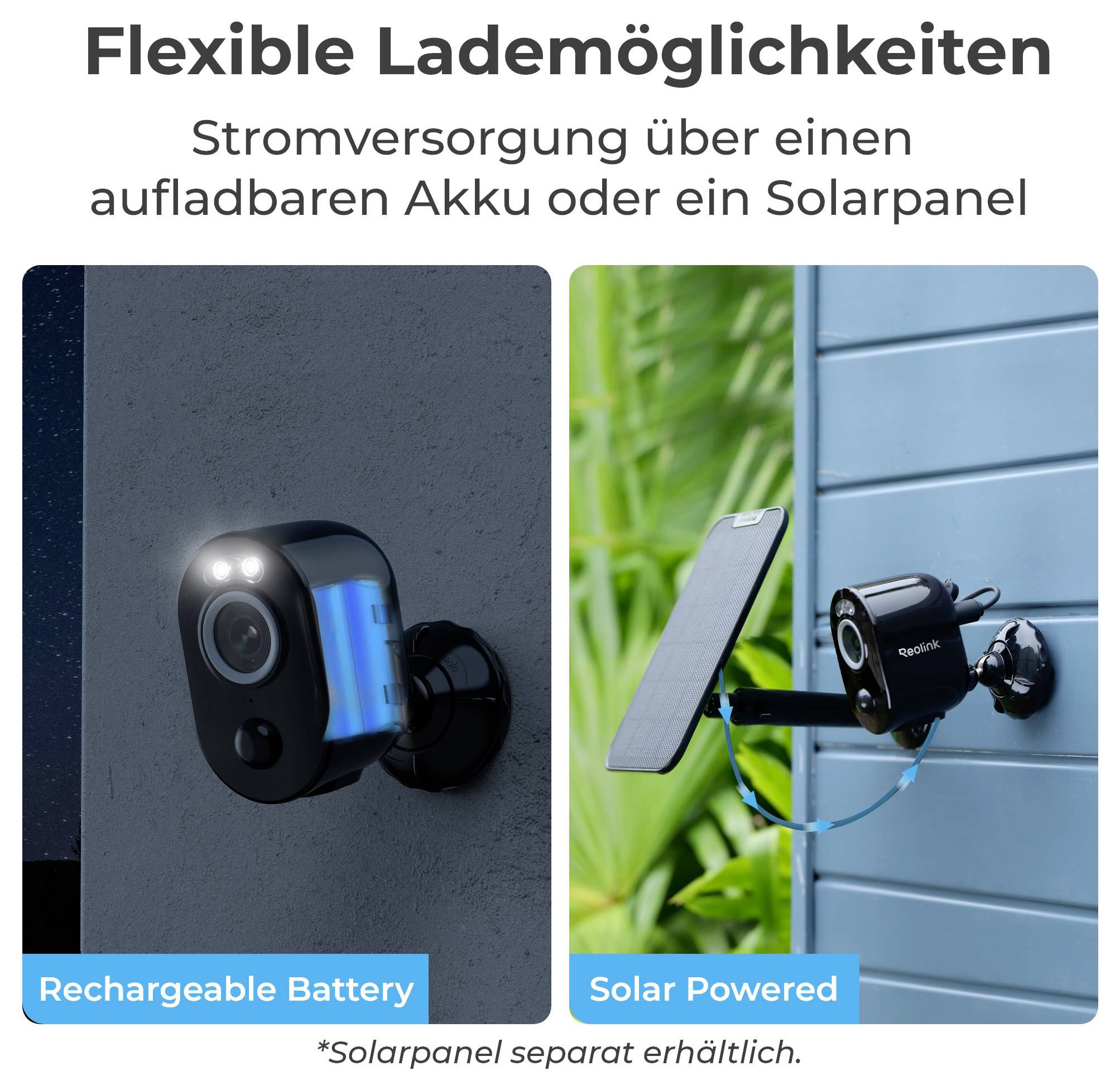 Un display di prodotti che mostra due fotocamere con diverse opzioni di alimentazione: una con 'Batteria Ricaricabile' e l'altra 'Alimentata a Energia Solare'.