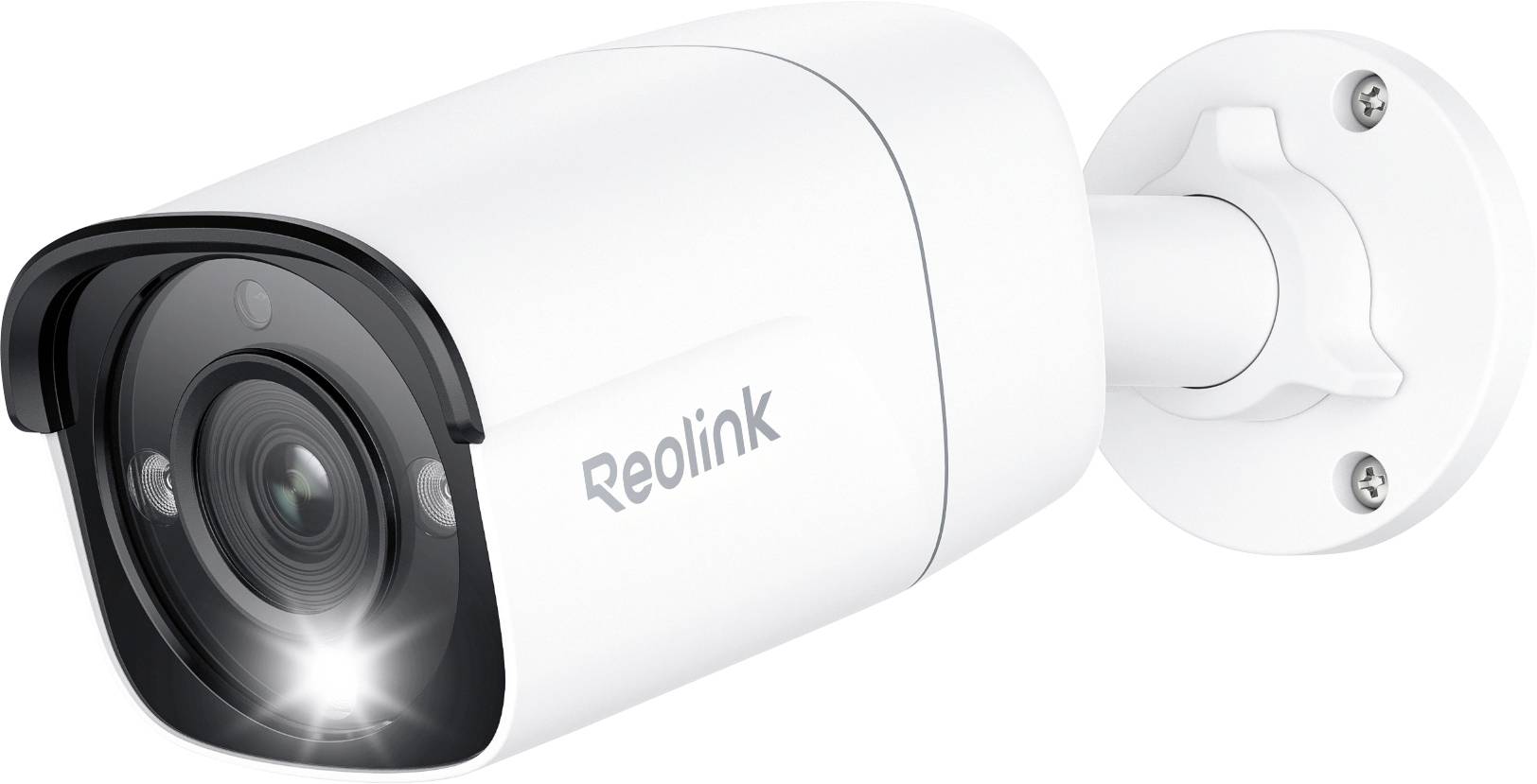 Una telecamera di sicurezza bianca, etichettata 'Reolink', è montata su un supporto a parete. L'obiettivo della telecamera è ben visibile, con un LED luminoso accanto ad esso.