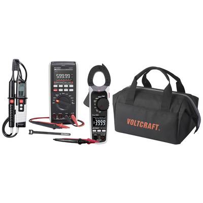 Un set di dispositivi di misurazione VOLTCRAFT e una borsa porta attrezzi nera. Contiene due multimetri e un tester di tensione.